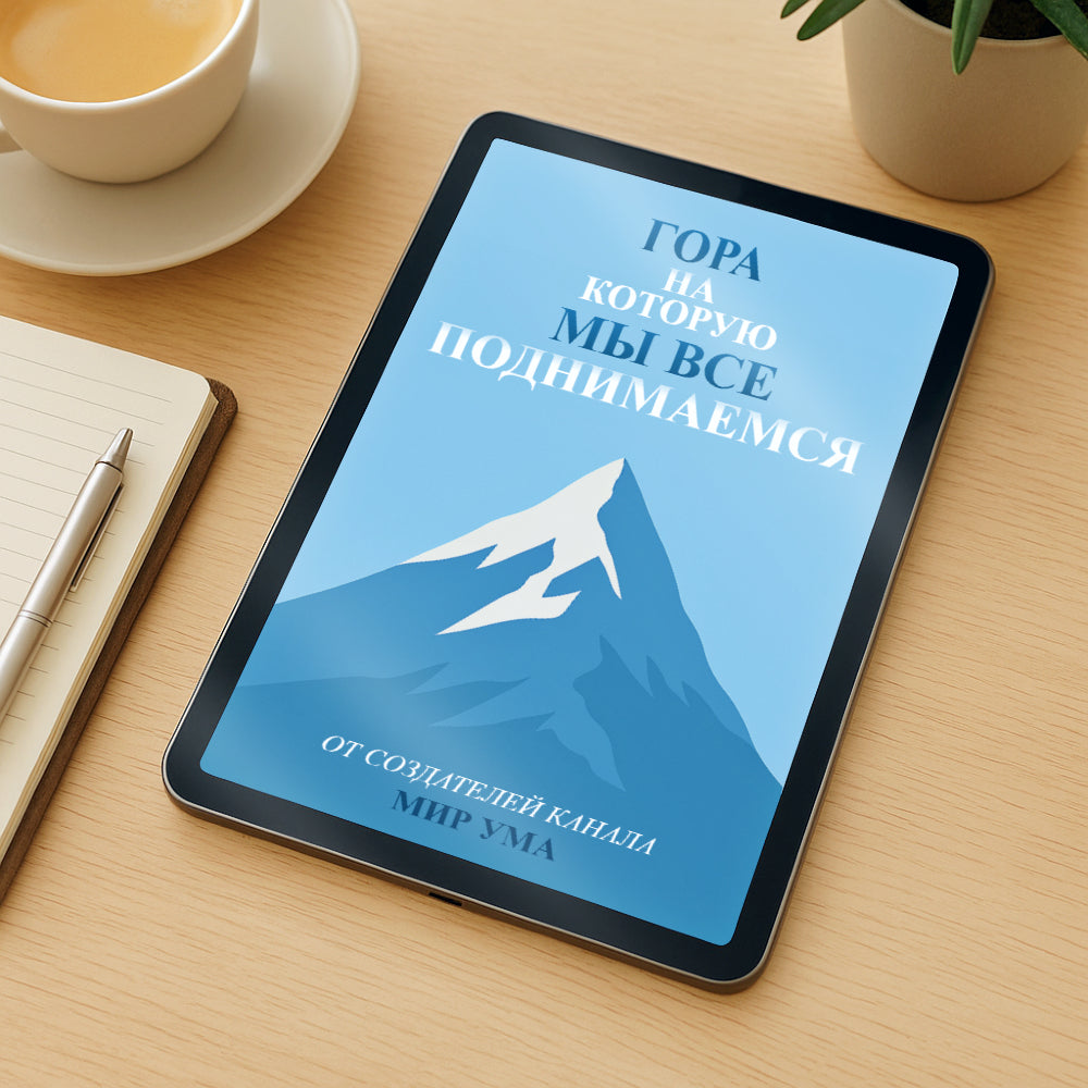 Обложка электронной книги «Гора, на которую мы все поднимаемся» на экране планшета на деревянном столе